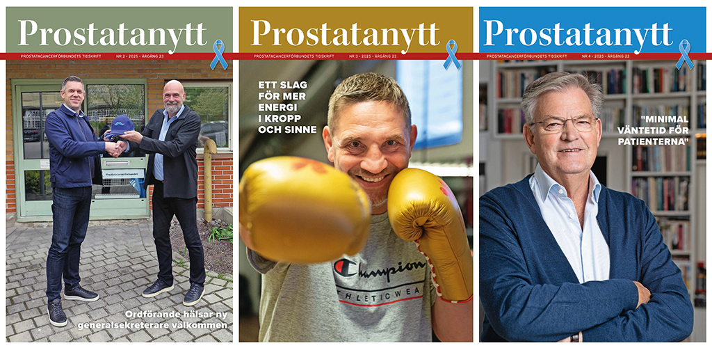 Omslagsbilder från tre nummer av medlemstidingen Prostatanytt