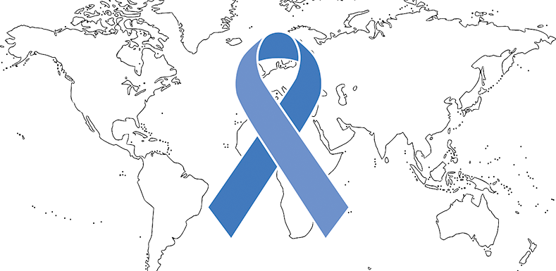 Världskarta som bakgrund längst fram ett blått band