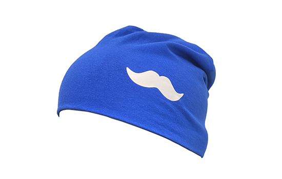 Blå mössa med mustaschtryck på sidan