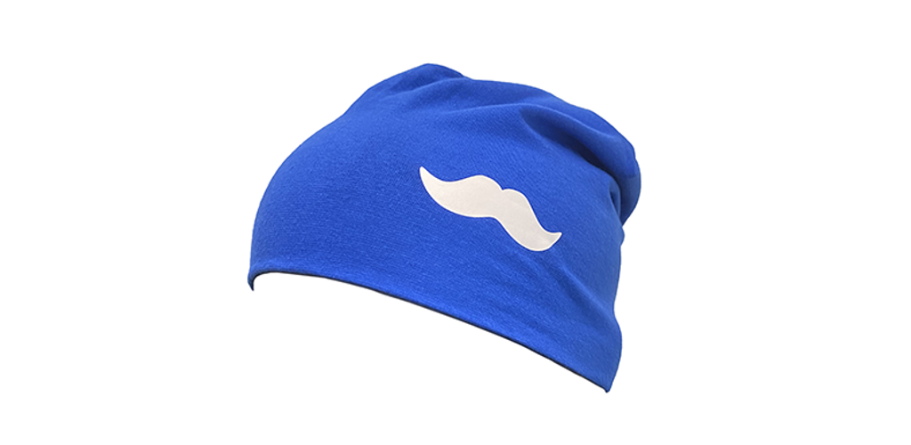Blå mössa med mustaschtryck på sidan
