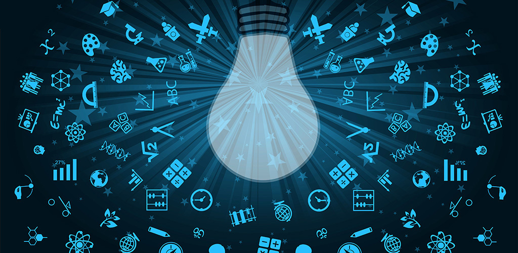 Blå bakgrund med en illustrerad glödlamp och många små symboler