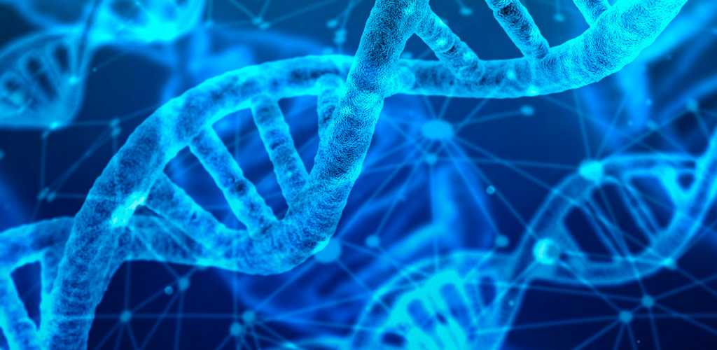 3D-illustration av DNA-molekyler mot blå bakgrund