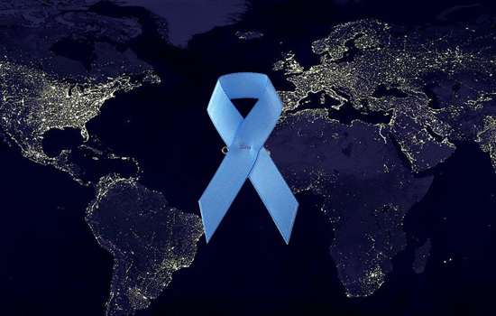 Världskarta som bakgrund längst fram ett blått band