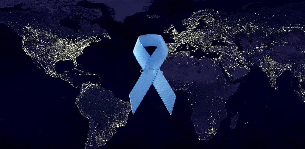 Världskarta som bakgrund längst fram ett blått band