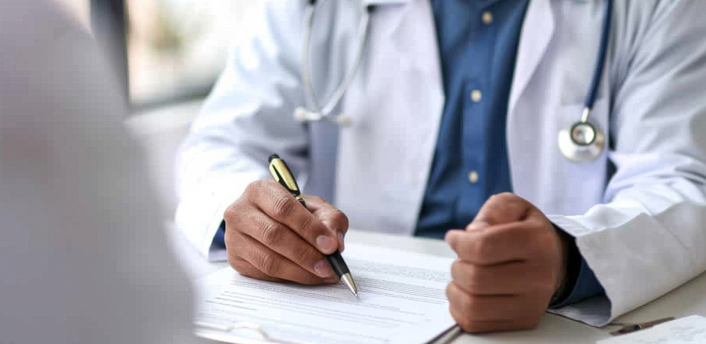 Person i vit läkarrock som skriver på ett papper
